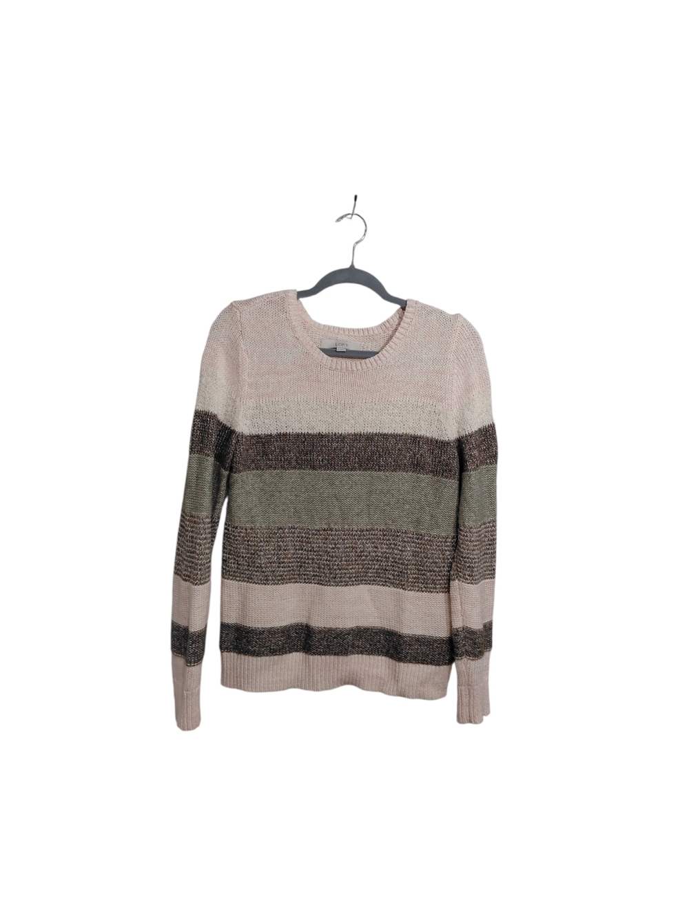LOFT Pink, Olive & Brown Striped Crewneck Sweater